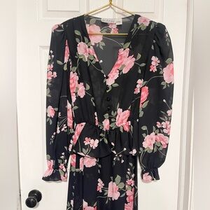 Vintage Jodi Scott York made in USA floral ruffle semi sheer dress black/pink